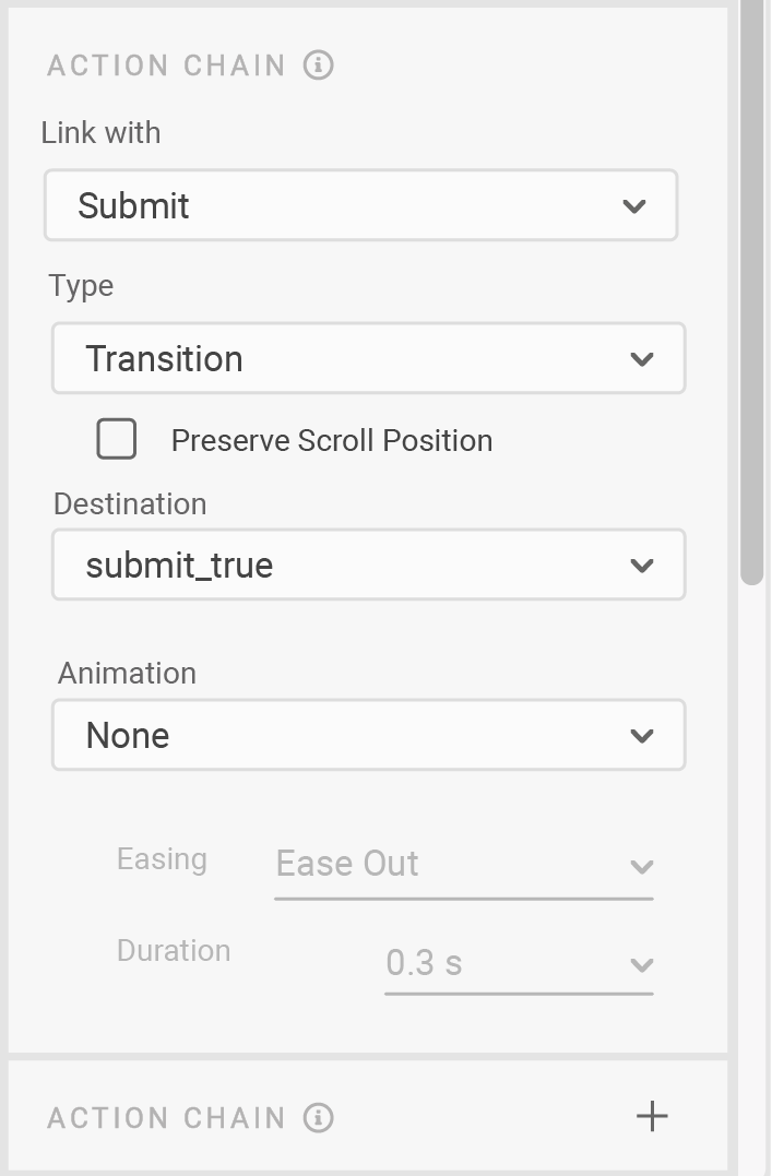 Action Chain subsection: Link with Submit component, destination is Submit's true state.