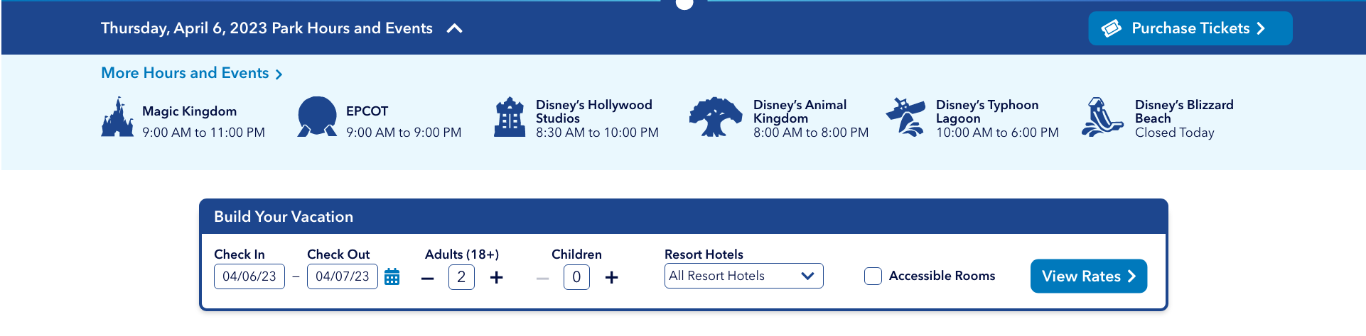 The web redesign includes park hours and a purchase tickets button