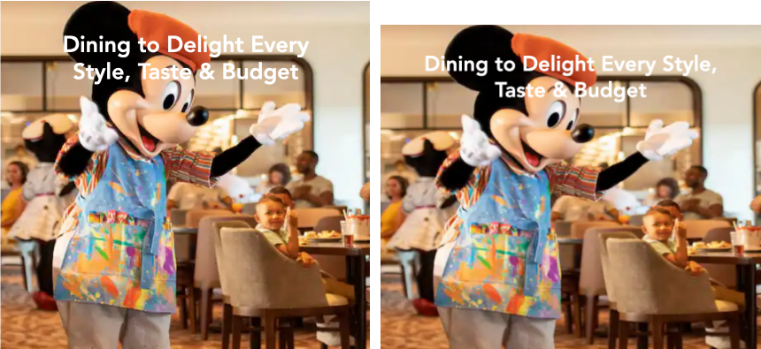 In the mobile view, a photo of an artistic Mickey Mouse is slightly squished, and the people dining in the background are disproportionately wide.