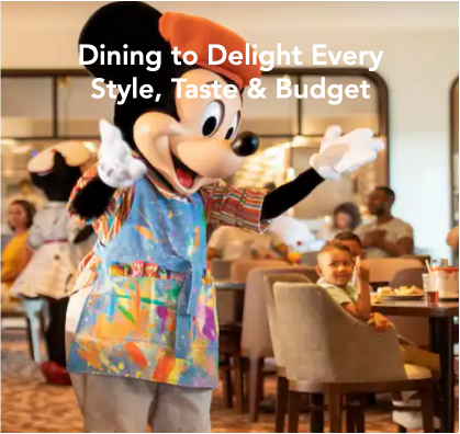 The white text over a picture of Mickey in a restaurant is hard to read.