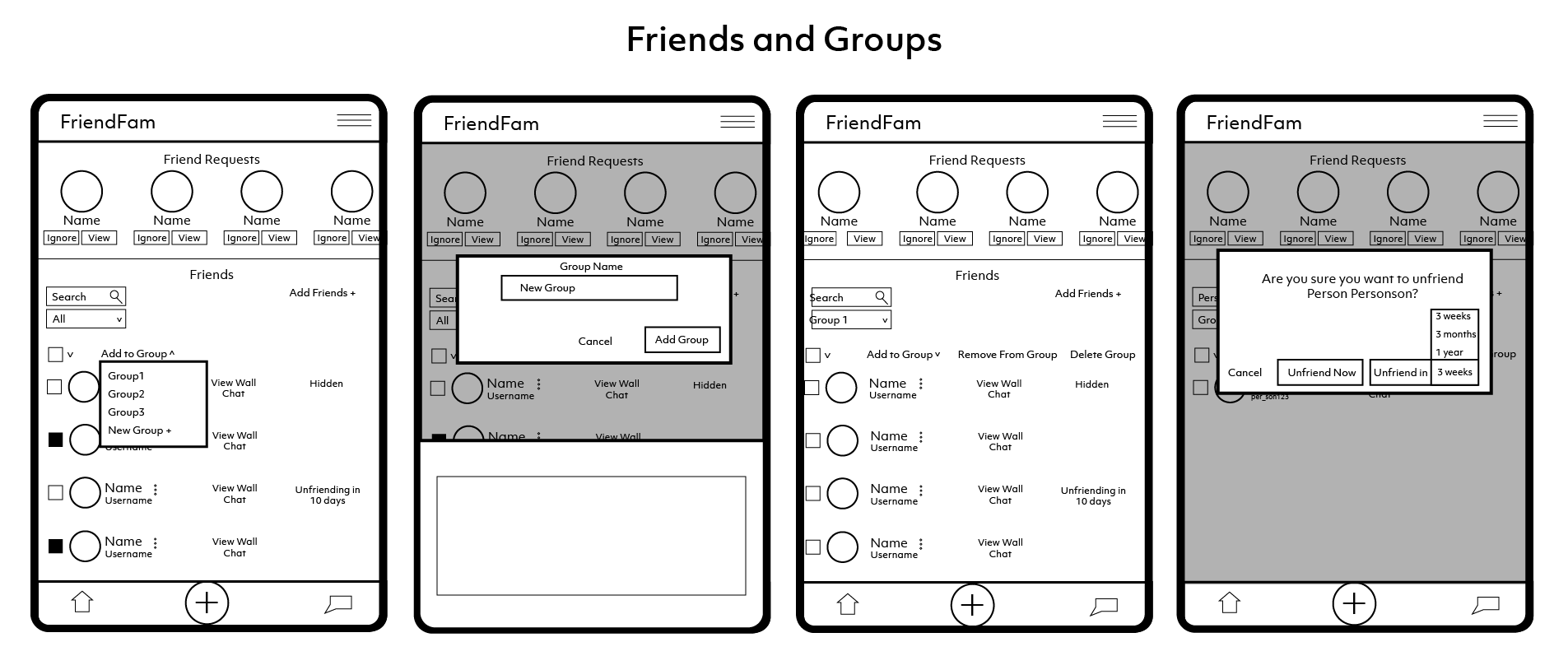 Wireframe drafts for the Friends and Groups page.