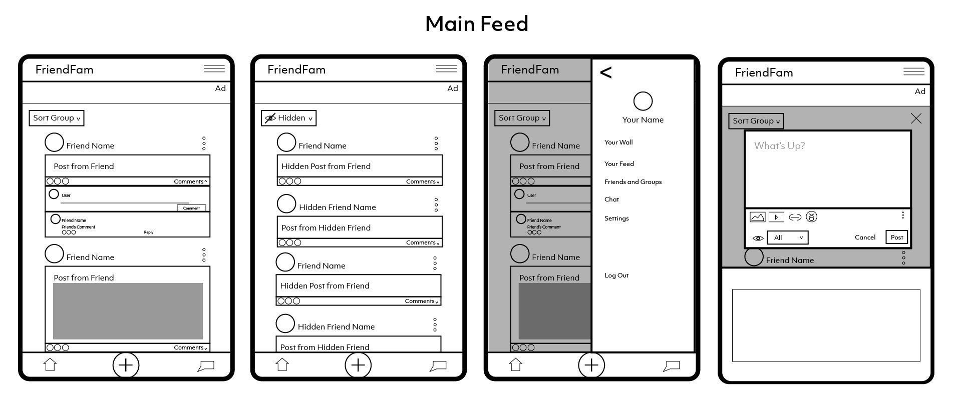 Wireframe drafts for main feed functions