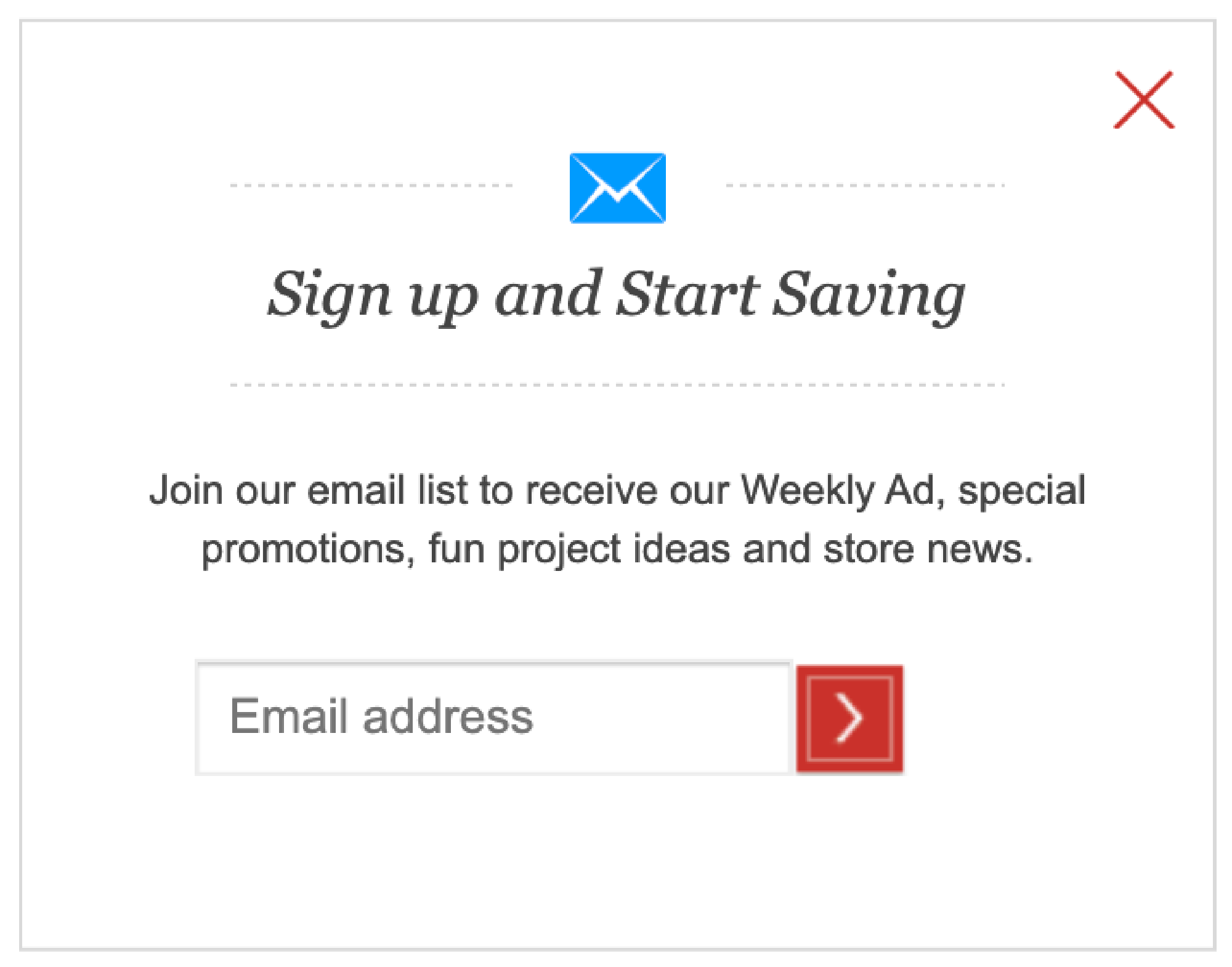 A pop up when you hit Email Sign-Up